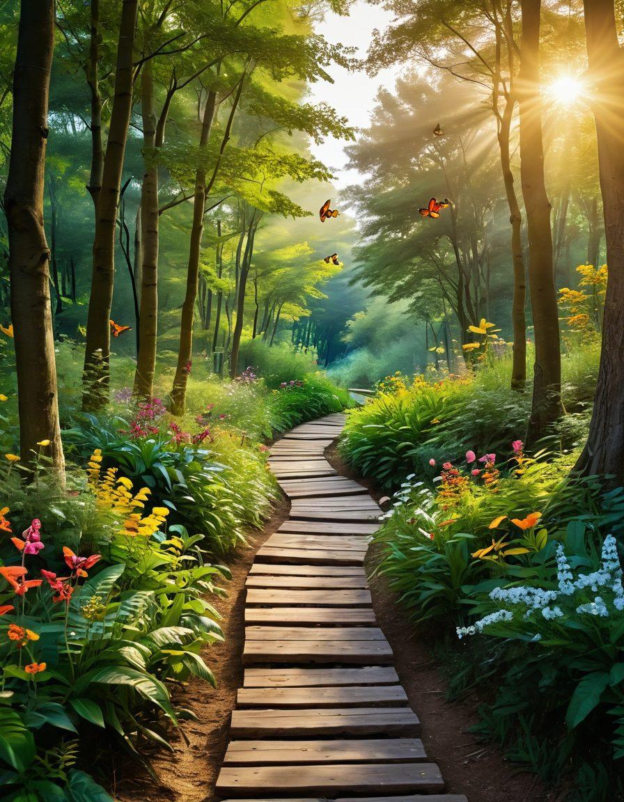 A serene pathway winding through a lush green forest, bathed in golden sunlight, symbolizing a journey to happiness. Along the pathway, colorful flowers bloom and birds fly joyfully in the sky, while butterflies flutter nearby, representing uplift and positivity. Include subtle hints of diverse individuals walking joyfully on the path, embodying the essence of uplifting living. vibrant colors. super-realistic. nature-inspired.