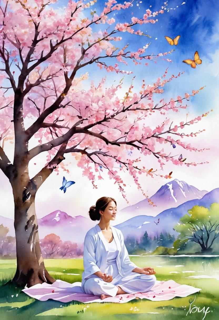 A serene, sunlit landscape featuring a joyful figure meditating under a blooming cherry blossom tree. Surround the figure with floating colorful butterflies and uplifting words like 'Joy', 'Hope', and 'Gratitude' in elegant typography. The scene should radiate warmth and tranquility, symbolizing a cheerful mindset. Use vibrant colors and soft pastel shades for a dreamy effect. watercolor painting. bright and cheerful.