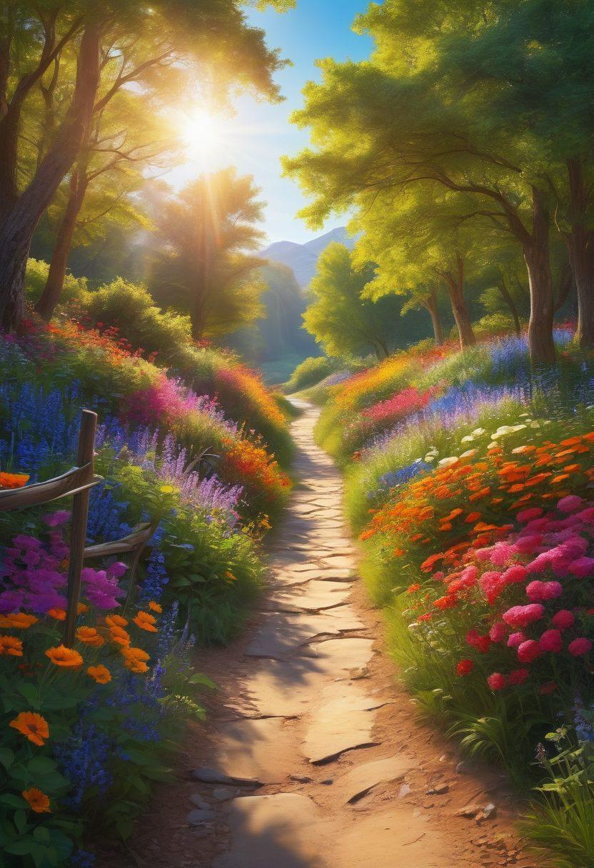 A vibrant, winding path leading through a lush, colorful landscape filled with joyful people engaging in various activities like dancing, laughing, and painting. Bright flowers and trees line the path, and a radiant sun shines down, symbolizing positivity and warmth. The scene conveys a sense of freedom and exploration, inviting viewers to join the journey towards happiness. super-realistic. vibrant colors. sunny background.